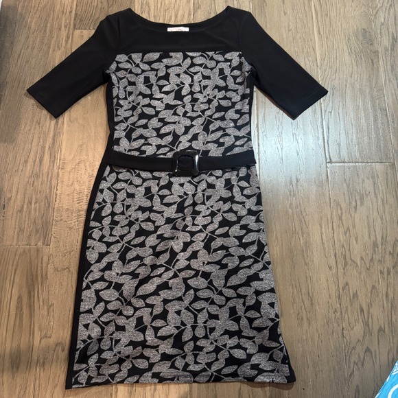 Joseph Ribkoff Dresses & Skirts - Joseph Ribkoff Black Gray Leaf Print Belted Sheath Dress Women Size 6